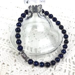 Dainty Navy Glass Beaded Stretch Bracelet Silver Gifts for Her